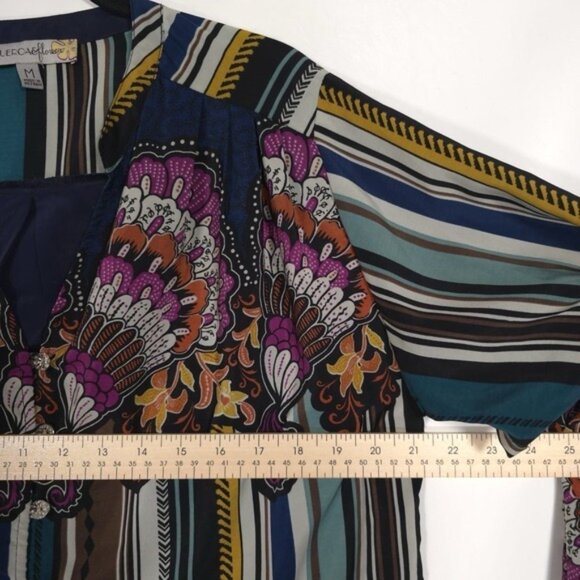 FIGUEROA & Flower Women's MEDIUM Green Pink Floral Blouse Shirt Top Boho Striped - Picture 4 of 10